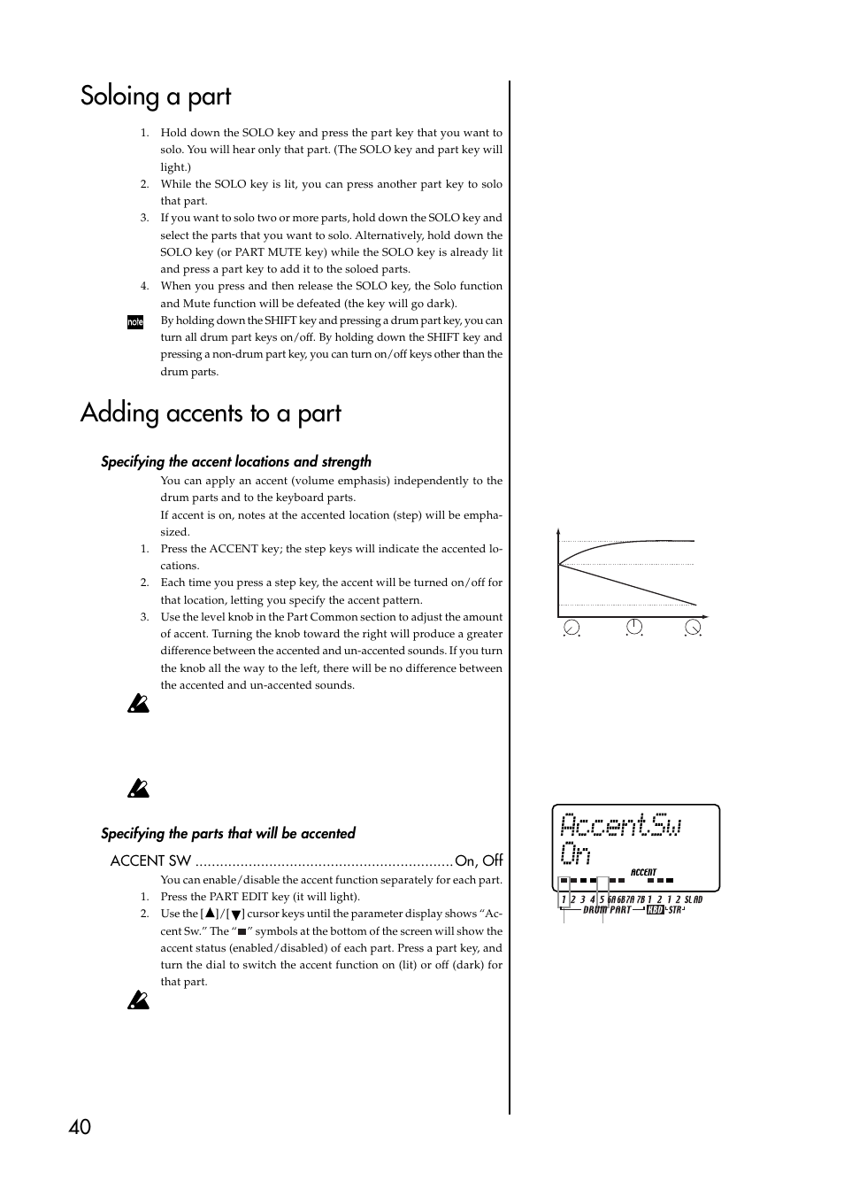 Soloing a part, Adding accents to a part, Specifying the accent locations and strength | Specifying the parts that will be accented, Soloing a part adding accents to a part | KORG ESX-1 User Manual | Page 40 / 108