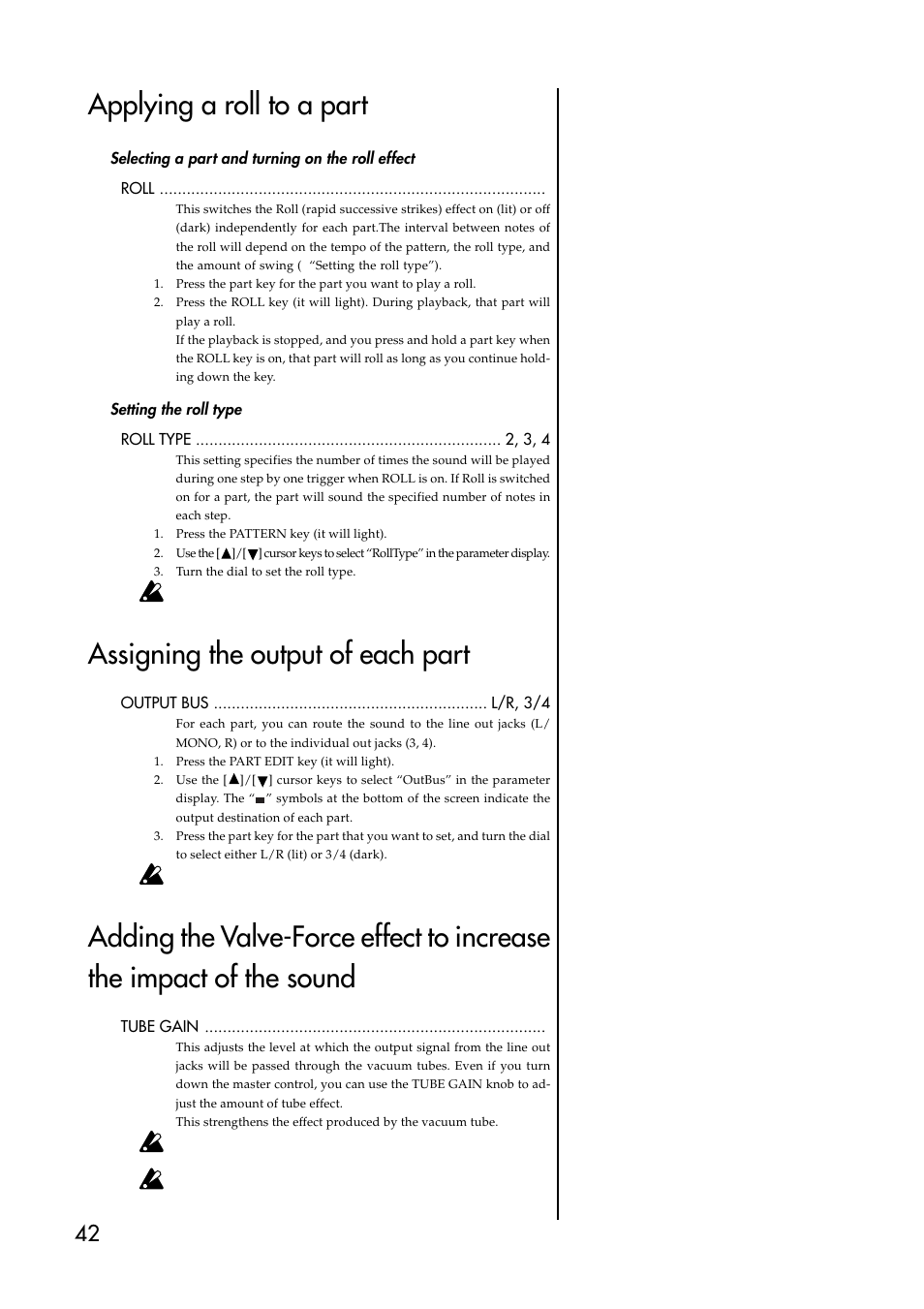 Applying a roll to a part, Selecting a part and turning on the roll effect, Setting the roll type | Assigning the output of each part | KORG ESX-1 User Manual | Page 42 / 108