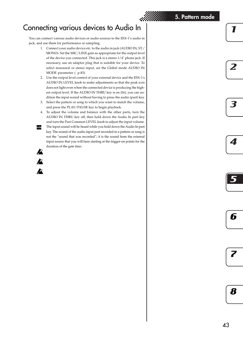 Connecting various devices to audio in, 43 5. pattern mode | KORG ESX-1 User Manual | Page 43 / 108