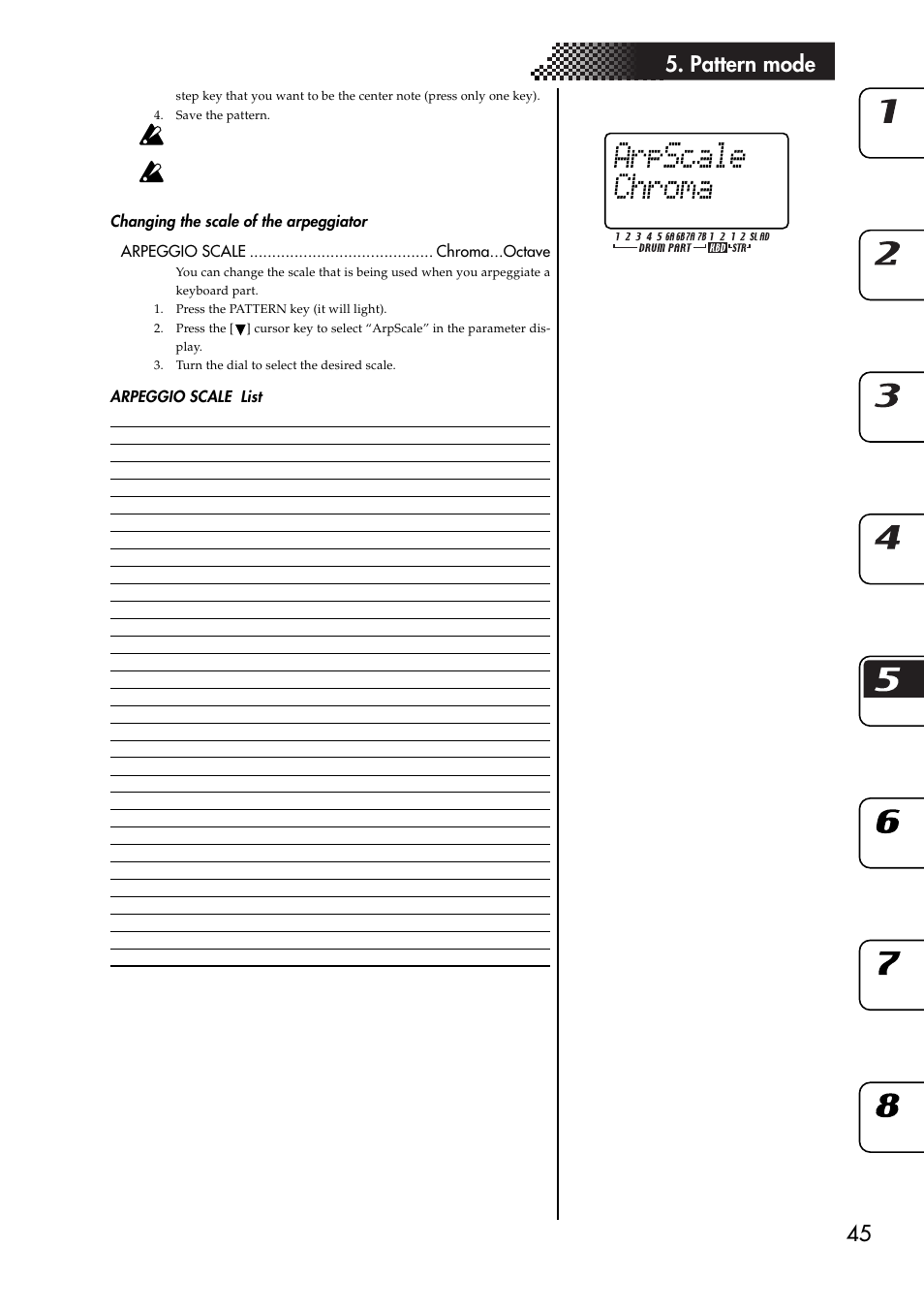 Changing the scale of the arpeggiator, Arpeggio scale list, 45 5. pattern mode | KORG ESX-1 User Manual | Page 45 / 108