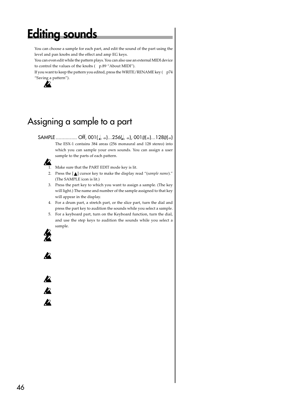 Editing sounds, Assigning a sample to a part | KORG ESX-1 User Manual | Page 46 / 108