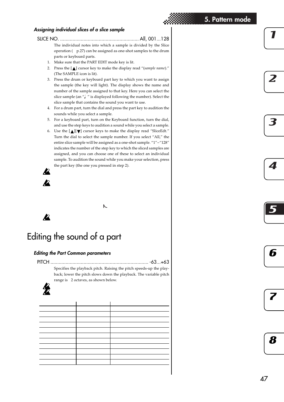 Assigning individual slices of a slice sample, Editing the sound of a part, Editing the part common parameters | 47 5. pattern mode | KORG ESX-1 User Manual | Page 47 / 108