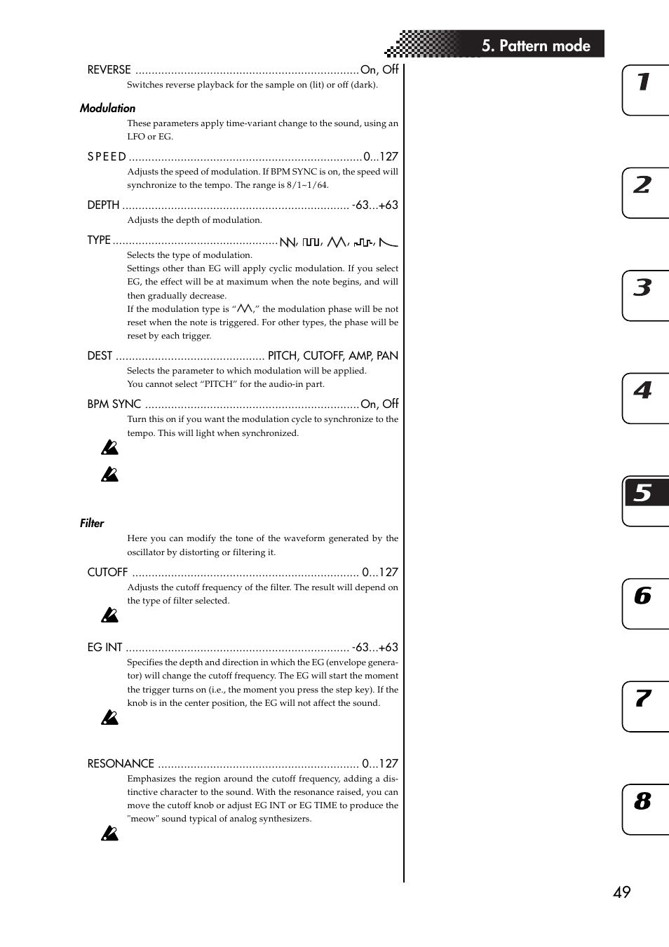 Modulation, Filter, Modulation filter | 49 5. pattern mode | KORG ESX-1 User Manual | Page 49 / 108