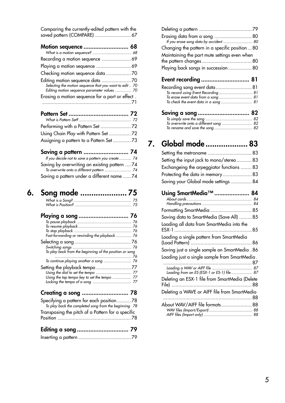 Song mode, Global mode | KORG ESX-1 User Manual | Page 5 / 108