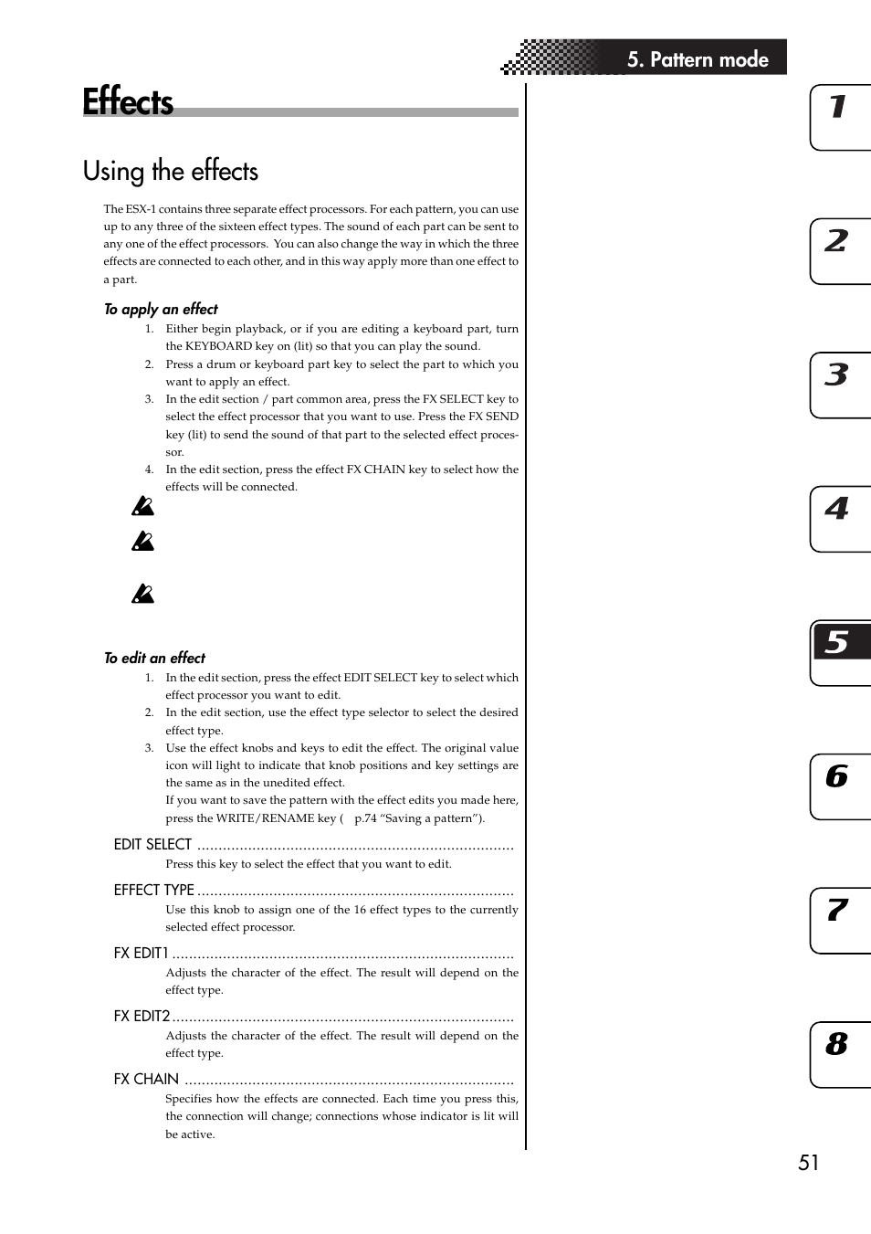 Effects, Using the effects, To apply an effect | To edit an effect, To apply an effect to edit an effect, 51 5. pattern mode | KORG ESX-1 User Manual | Page 51 / 108