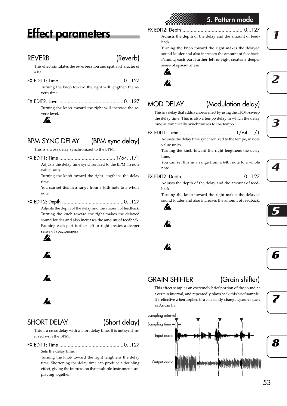 Effect parameters, 53 5. pattern mode, Reverb (reverb) | Bpm sync delay (bpm sync delay), Short delay (short delay), Mod delay (modulation delay), Grain shifter (grain shifter) | KORG ESX-1 User Manual | Page 53 / 108