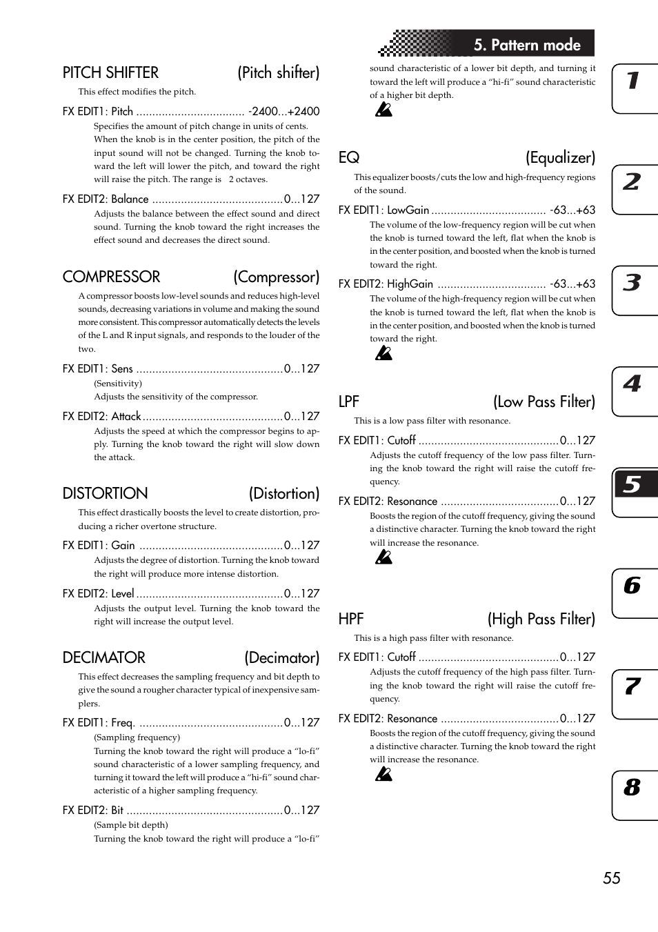 55 5. pattern mode pitch shifter (pitch shifter), Compressor (compressor), Distortion (distortion) | Decimator (decimator), Eq (equalizer), Lpf (low pass filter), Hpf (high pass filter) | KORG ESX-1 User Manual | Page 55 / 108