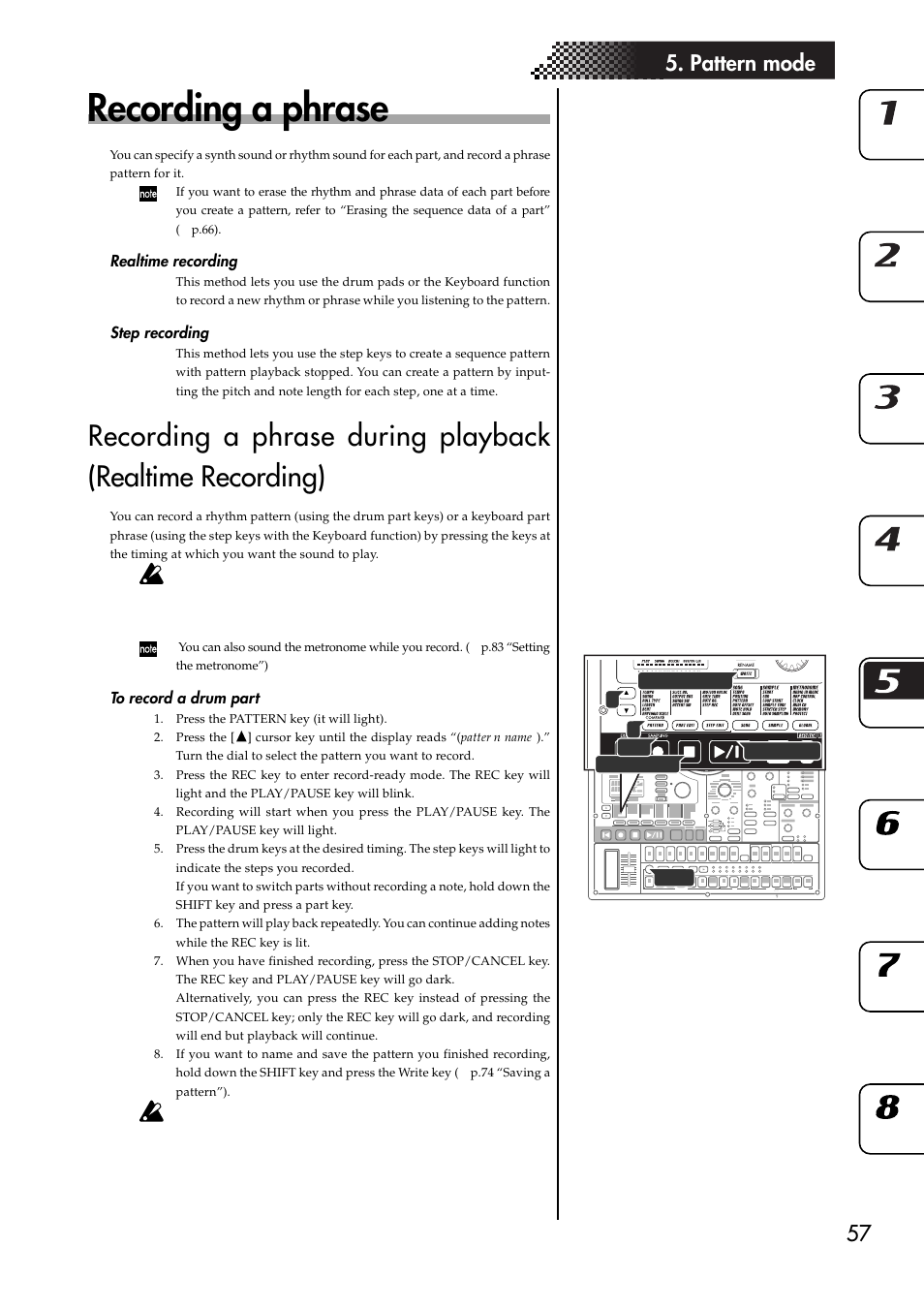 Recording a phrase, Realtime recording, Step recording | To record a drum part, Realtime recording step recording, 57 5. pattern mode | KORG ESX-1 User Manual | Page 57 / 108