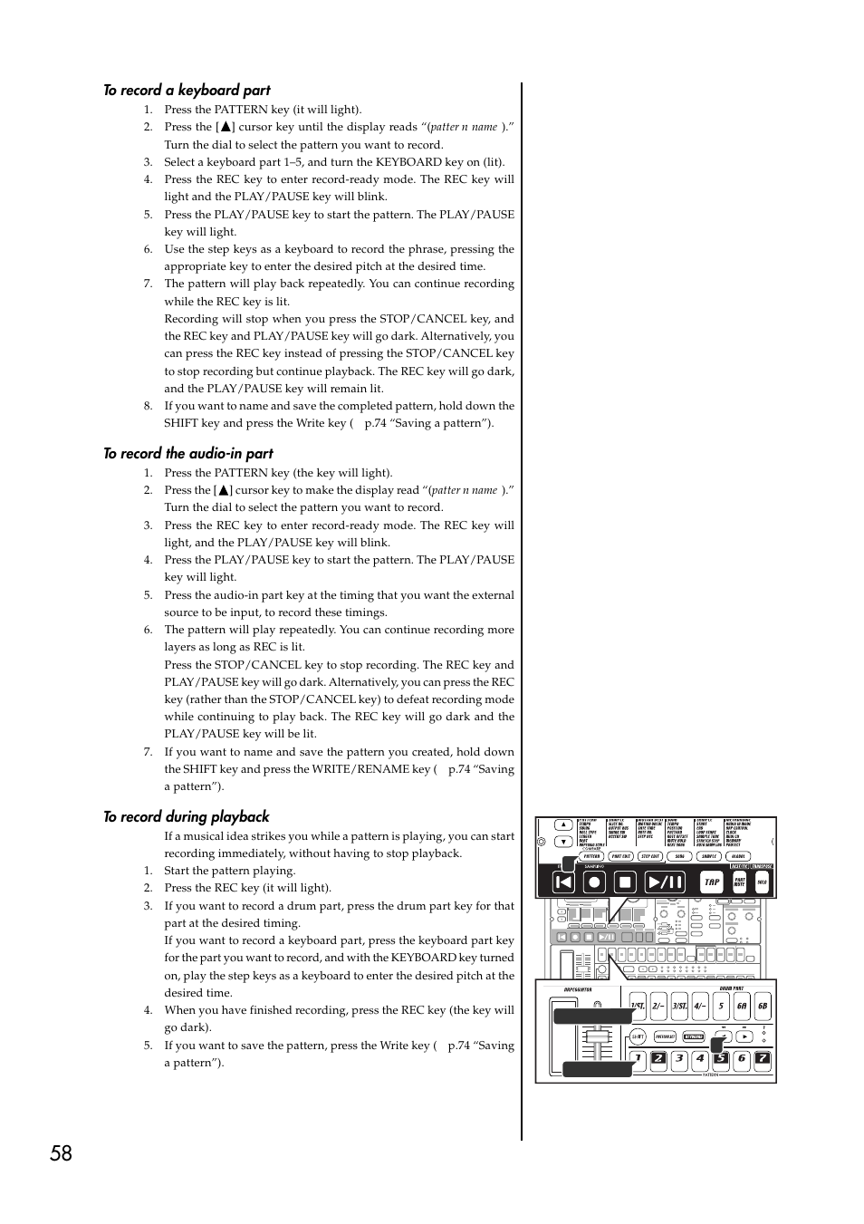 To record a keyboard part, To record the audio-in part, To record during playback | KORG ESX-1 User Manual | Page 58 / 108