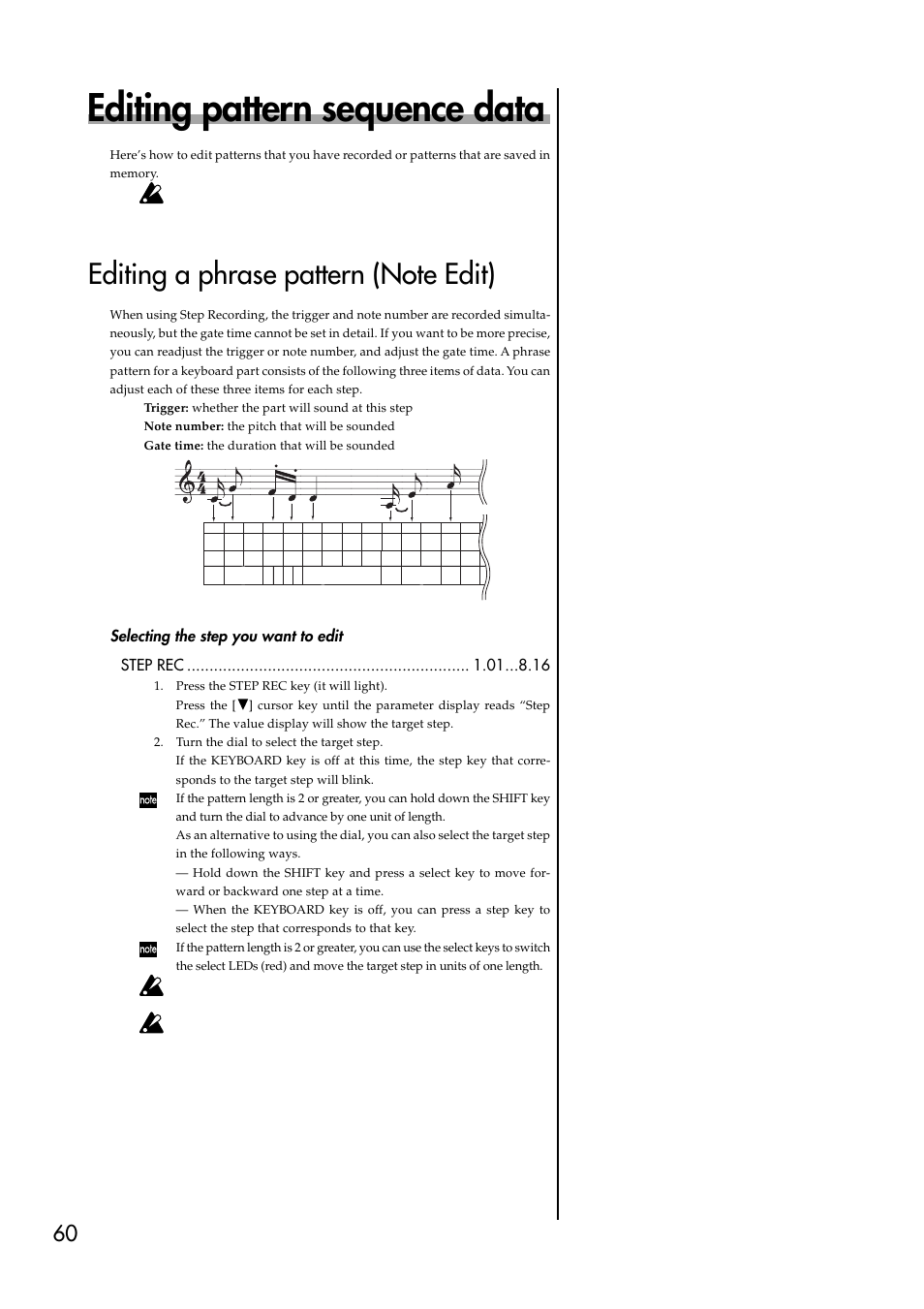 Editing pattern sequence data, Editing a phrase pattern (note edit), Selecting the step you want to edit | Selecting the step you want to edit step rec | KORG ESX-1 User Manual | Page 60 / 108