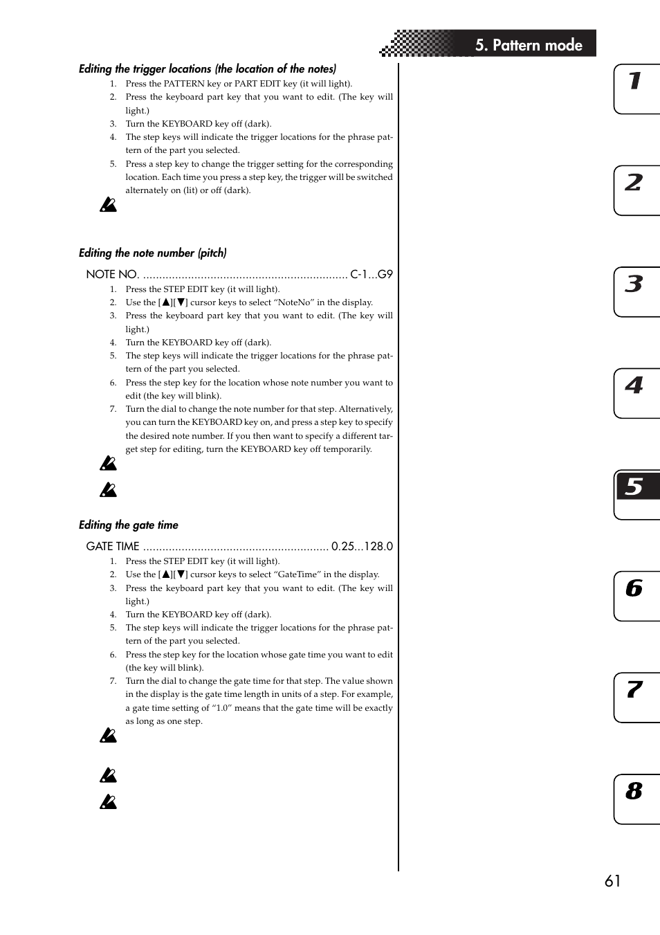 Editing the note number (pitch), Editing the gate time, 61 5. pattern mode | KORG ESX-1 User Manual | Page 61 / 108