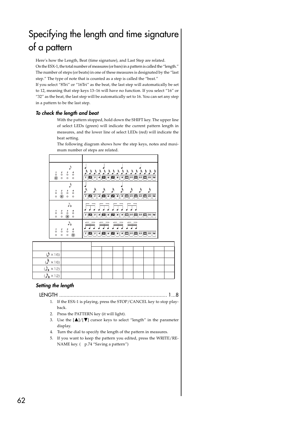 To check the length and beat, Setting the length, To check the length and beat setting the length | 16tri beat, Setting the length length | KORG ESX-1 User Manual | Page 62 / 108