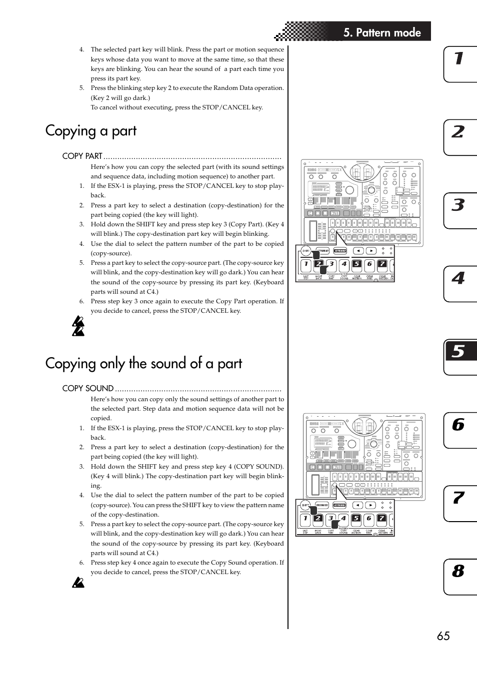 Copying a part, Copying only the sound of a part, Copying a part copying only the sound of a part | 65 5. pattern mode | KORG ESX-1 User Manual | Page 65 / 108