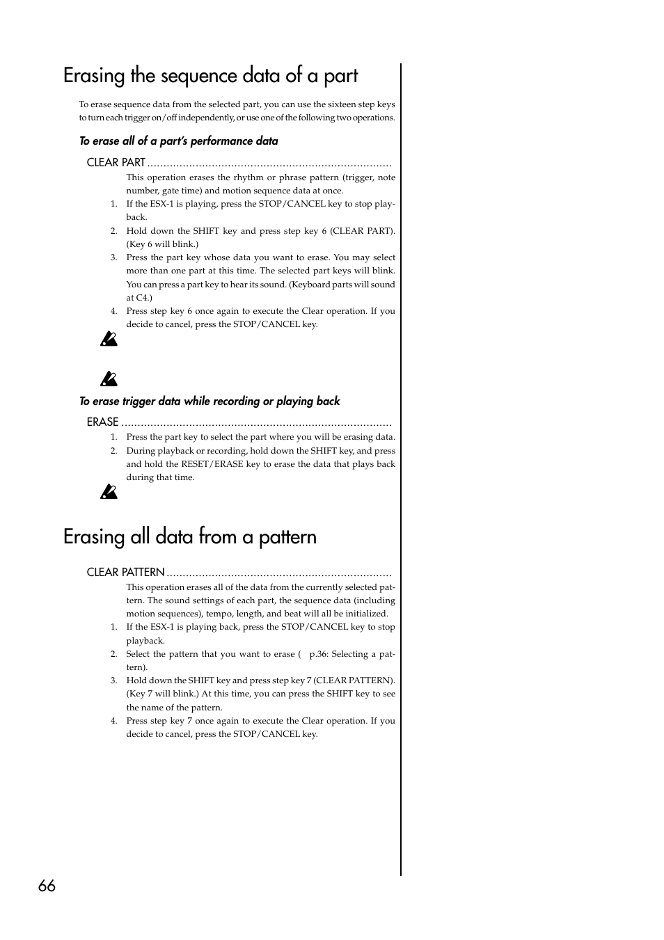 Erasing the sequence data of a part, To erase all of a part’s performance data, Erasing all data from a pattern | KORG ESX-1 User Manual | Page 66 / 108