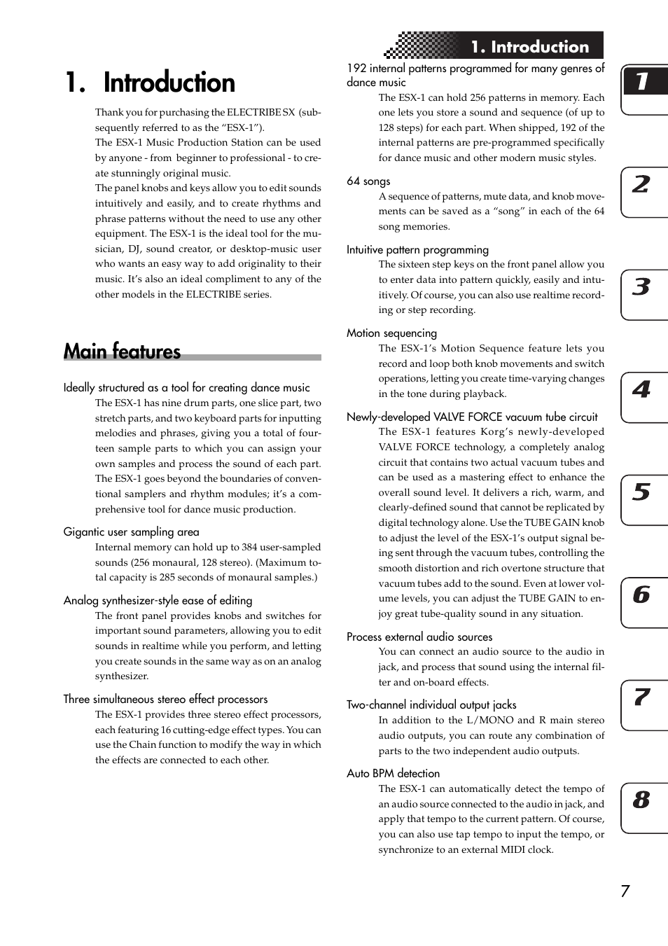 Introduction, Main features | KORG ESX-1 User Manual | Page 7 / 108