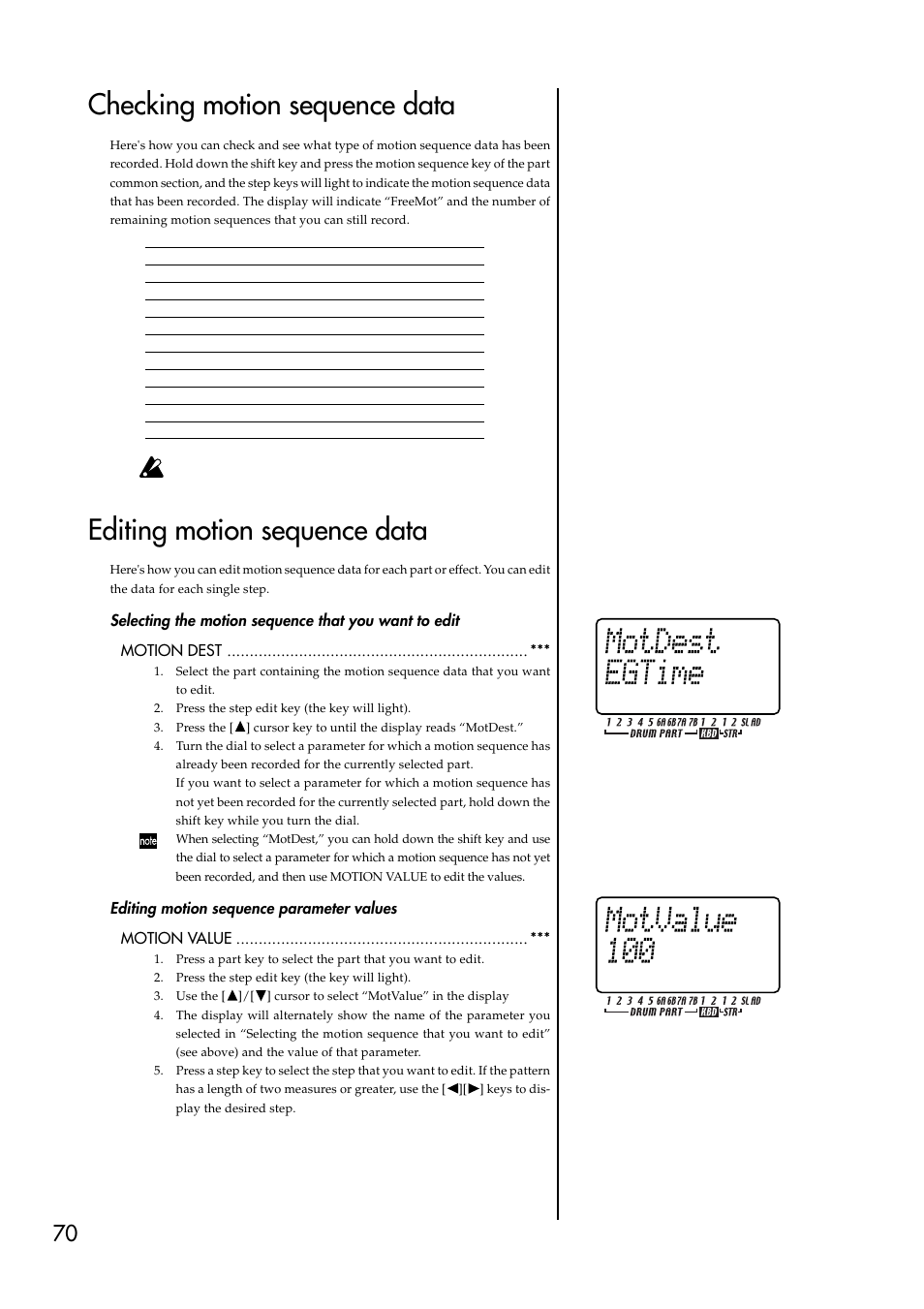 Checking motion sequence data, Editing motion sequence data, Editing motion sequence parameter values | KORG ESX-1 User Manual | Page 70 / 108