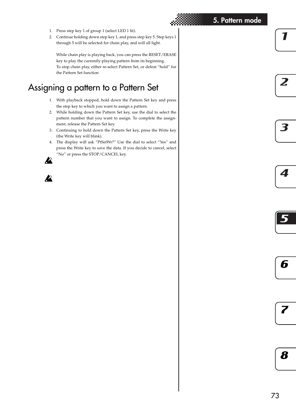 Assigning a pattern to a pattern set, 73 5. pattern mode | KORG ESX-1 User Manual | Page 73 / 108