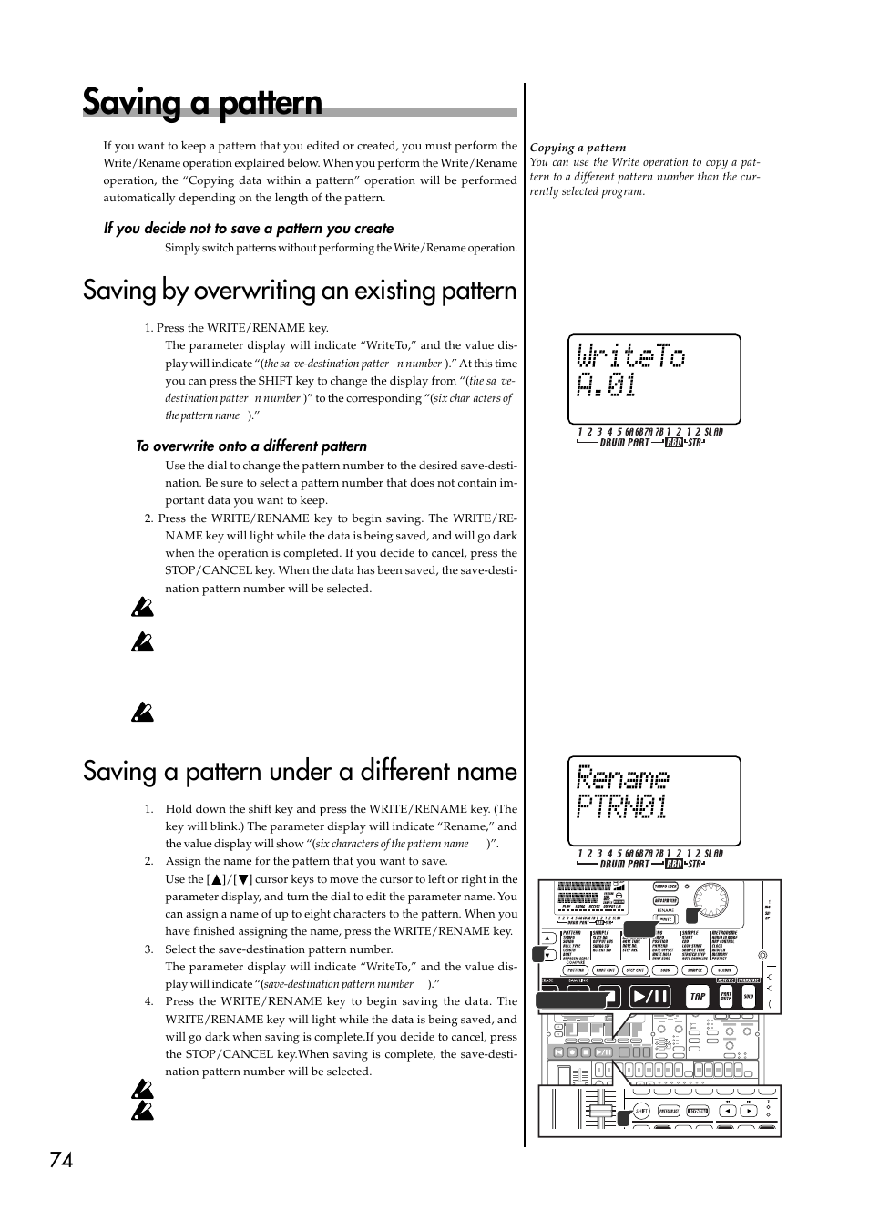 Saving a pattern, If you decide not to save a pattern you create, Saving by overwriting an existing pattern | To overwrite onto a different pattern, Saving a pattern under a different name | KORG ESX-1 User Manual | Page 74 / 108