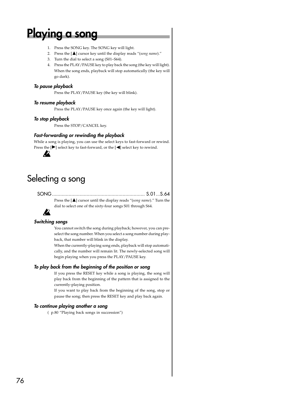 Playing a song, To pause playback, To resume playback | To stop playback, Fast-forwarding or rewinding the playback, Selecting a song, Switching songs, To continue playing another a song | KORG ESX-1 User Manual | Page 76 / 108