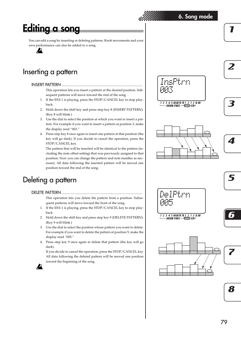 Editing a song, Inserting a pattern, Deleting a pattern | 79 6. song mode, Insert pattern, Delete pattern, Insert a new pattern at position 3 | KORG ESX-1 User Manual | Page 79 / 108