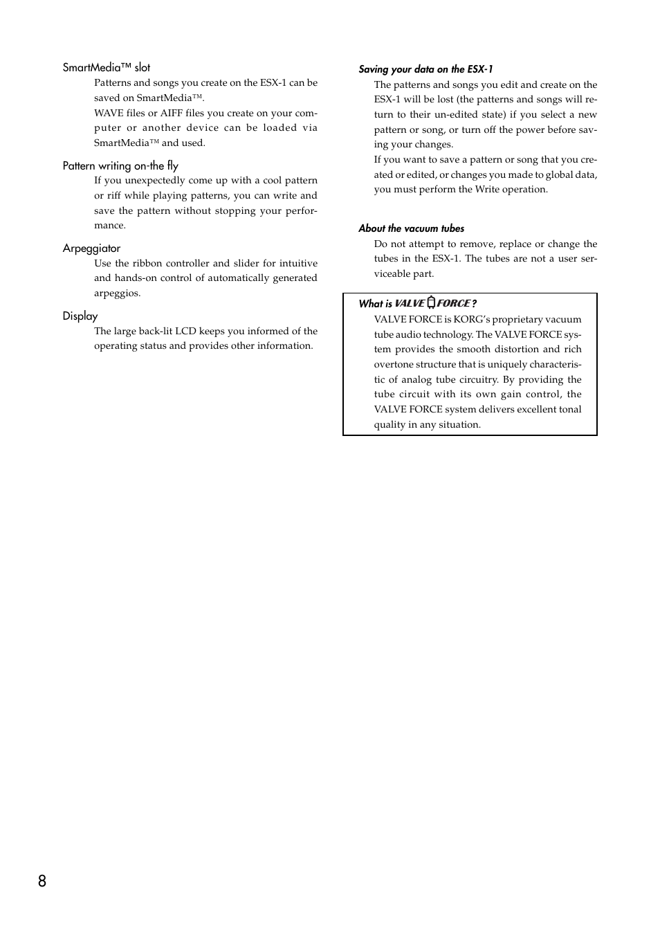 Saving your data on the esx-1, About the vacuum tubes | KORG ESX-1 User Manual | Page 8 / 108