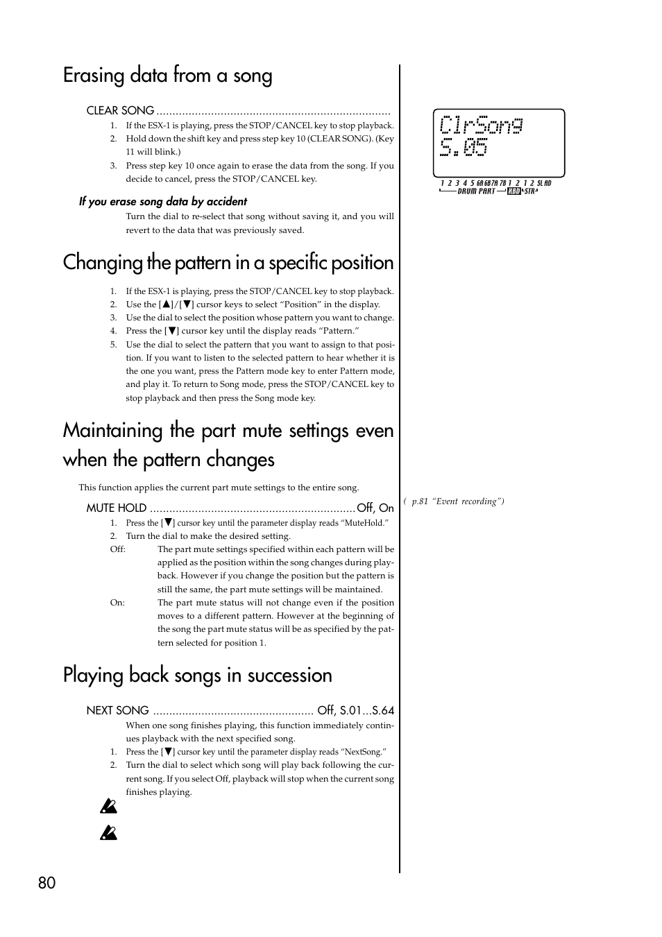 Erasing data from a song, If you erase song data by accident, Changing the pattern in a specific position | Playing back songs in succession | KORG ESX-1 User Manual | Page 80 / 108