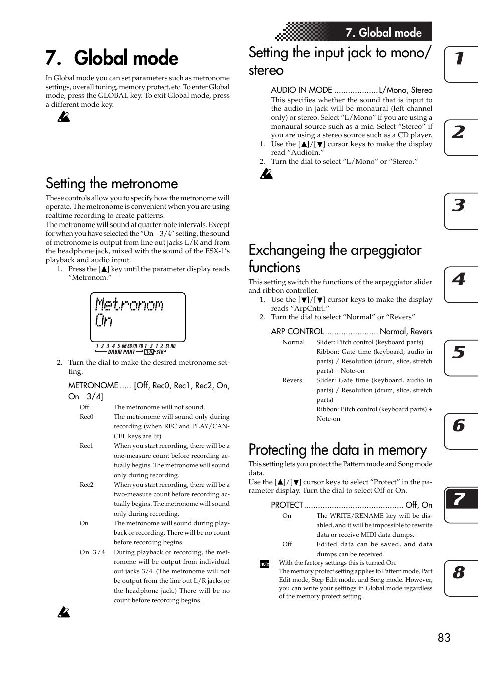 Global mode, Setting the metronome, Setting the input jack to mono/stereo | Exchangeing the arpeggiator functions, Protecting the data in memory, Setting the input jack to mono/ stereo, 83 7. global mode | KORG ESX-1 User Manual | Page 83 / 108