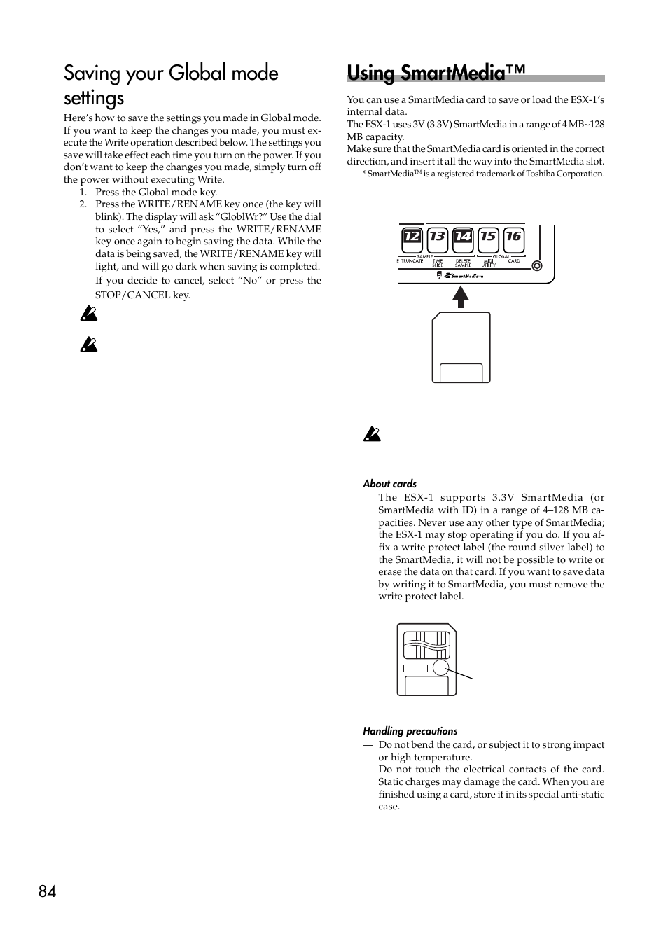 Saving your global mode settings, Using smartmedia, About cards | Handling precautions, About cards handling precautions, Formatting smartmedia | KORG ESX-1 User Manual | Page 84 / 108