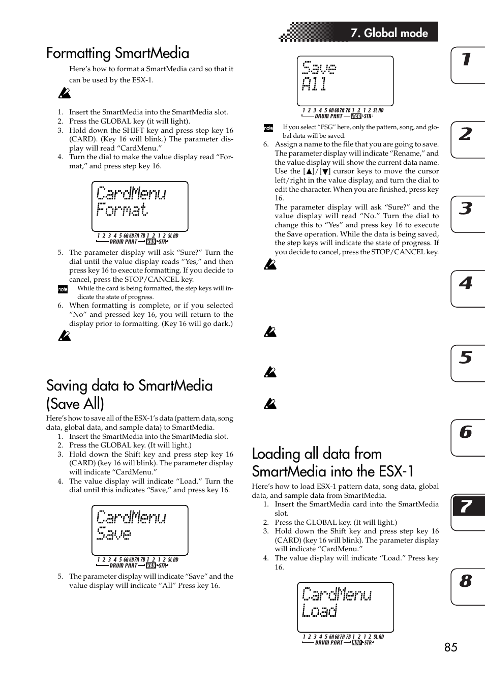 Formatting smartmedia, Saving data to smartmedia (save all), Loading all data from smartmedia into the esx-1 | 85 7. global mode | KORG ESX-1 User Manual | Page 85 / 108