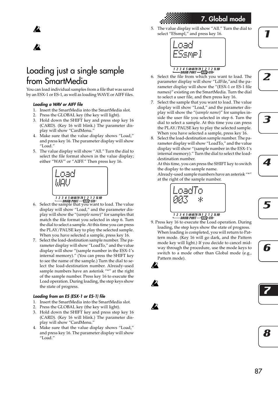 Loading just a single sample from smartmedia, Loading a wav or aiff file, Loading from an es (esx-1 or es-1) file | 87 7. global mode | KORG ESX-1 User Manual | Page 87 / 108