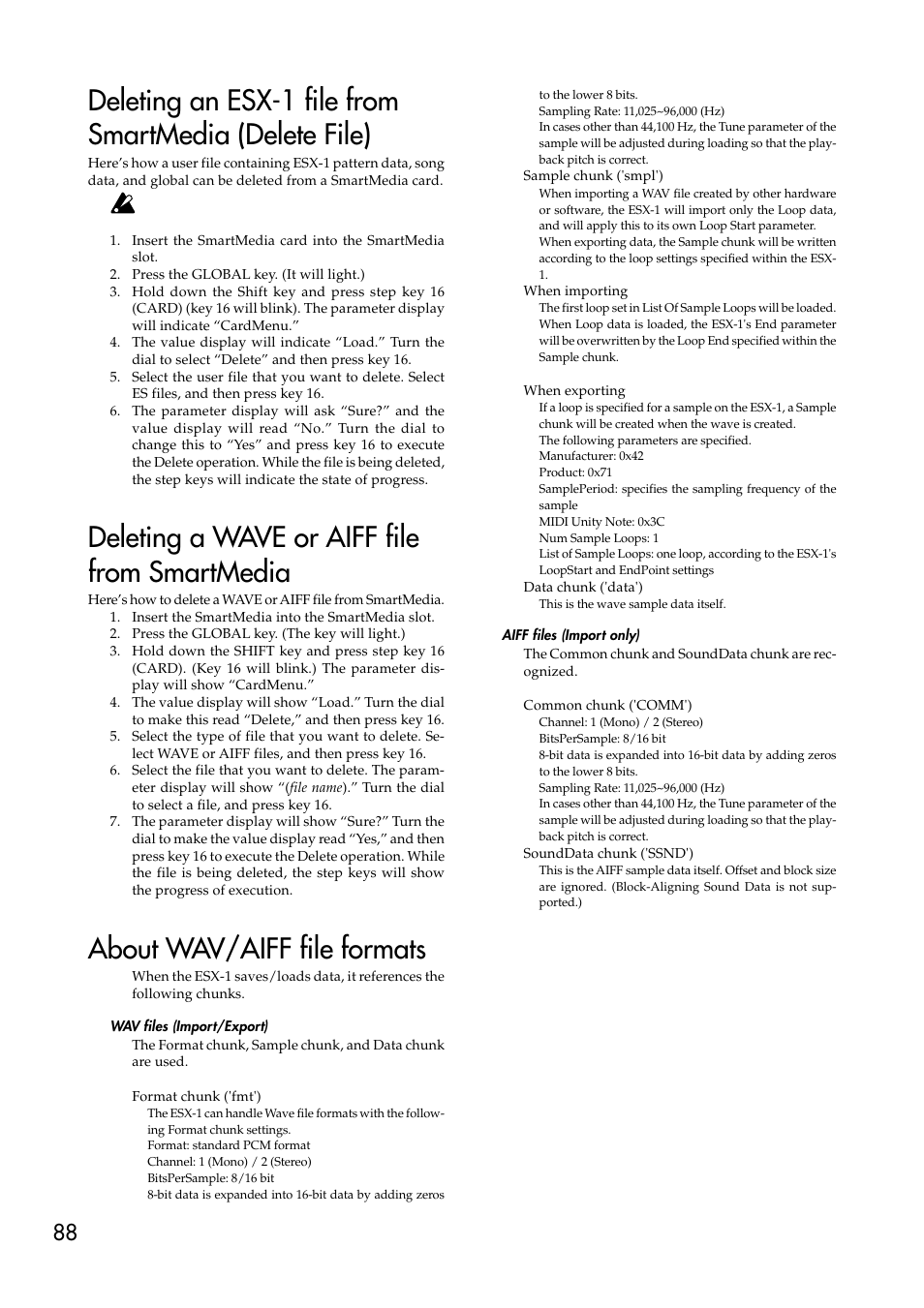 Deleting a wave or aiff file from smartmedia, About wav/aiff file formats, Wav files (import/export) | Aiff files (import only), Wav files (import/export) aiff files (import only), About midi, About midi channels | KORG ESX-1 User Manual | Page 88 / 108