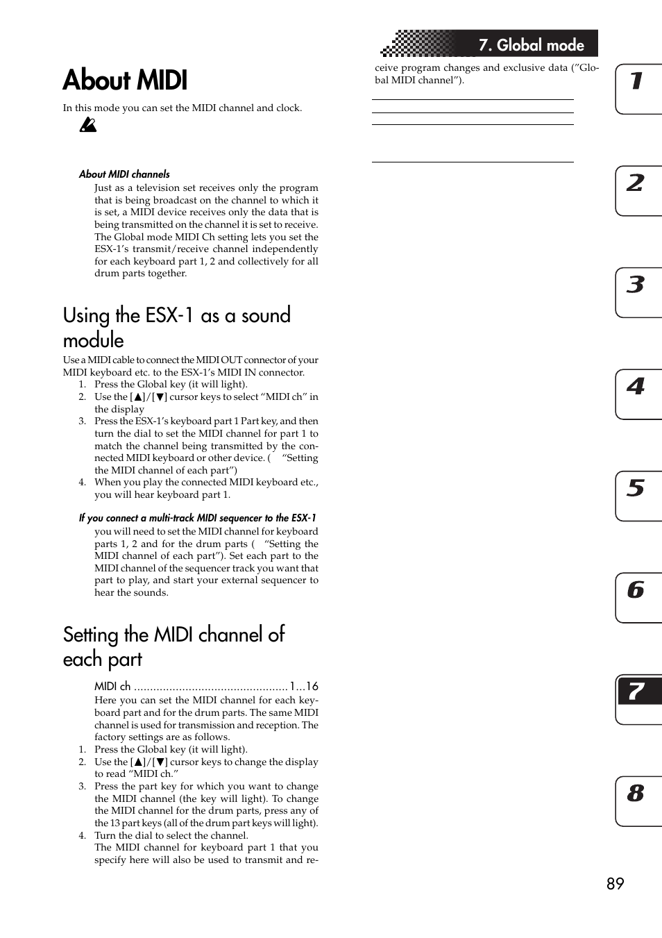 About midi, About midi channels, Using the esx-1 as a sound module | Setting the midi channel of each part, Midi utility, Making midi filter settings, 89 7. global mode | KORG ESX-1 User Manual | Page 89 / 108