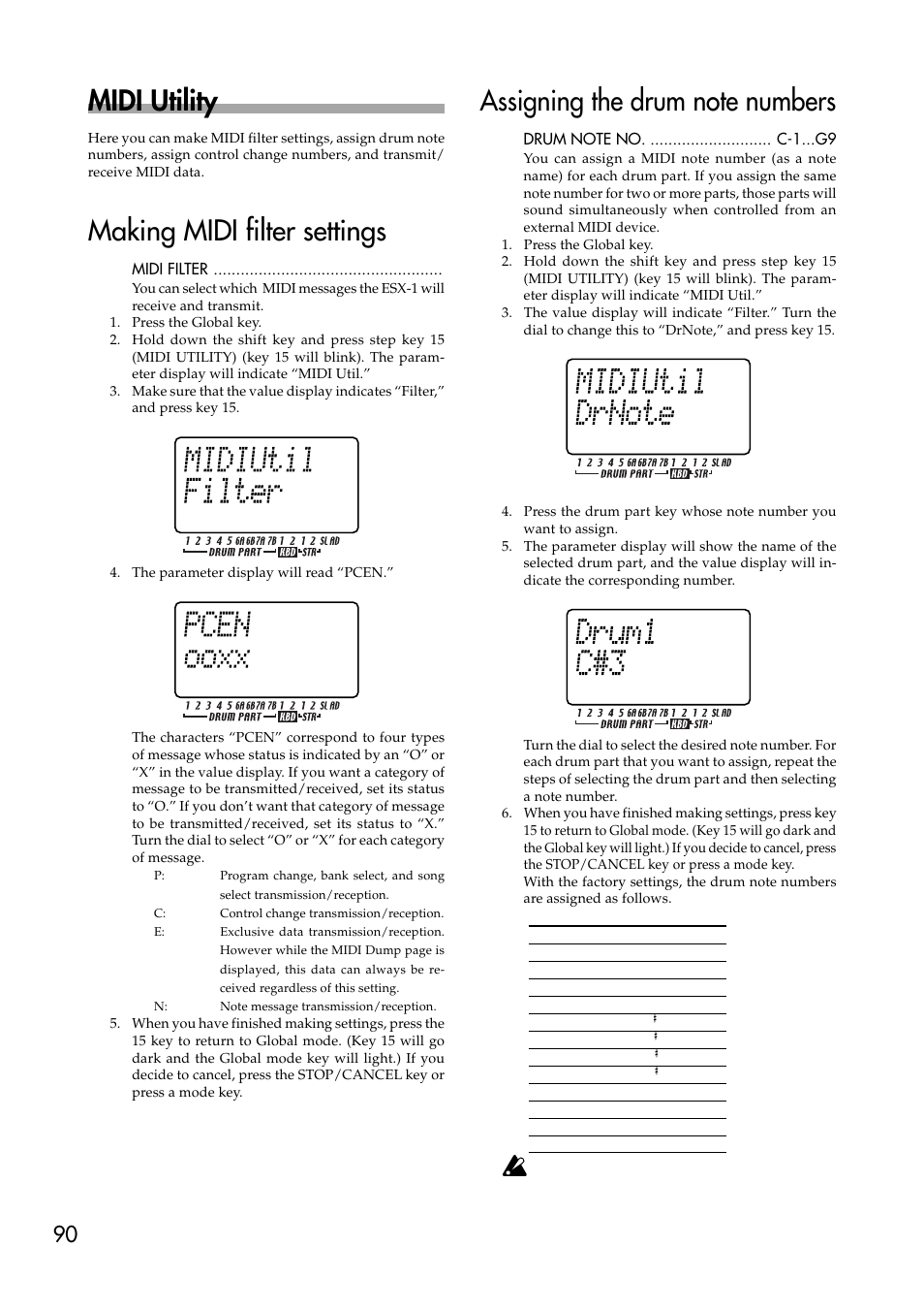 Midi utility, Making midi filter settings, Assigning the drum note numbers | About note-on/note-off | KORG ESX-1 User Manual | Page 90 / 108