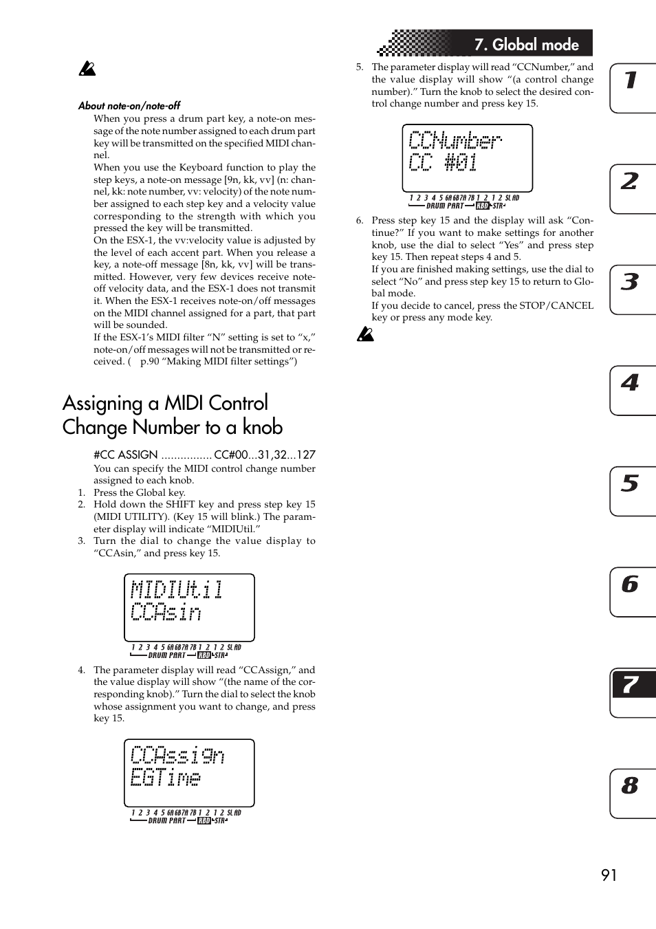 About note-on/note-off, Assigning a midi control change number to a knob, Transmitting sound settings and other | Data, Transmitting/receiving a data dump, 91 7. global mode | KORG ESX-1 User Manual | Page 91 / 108