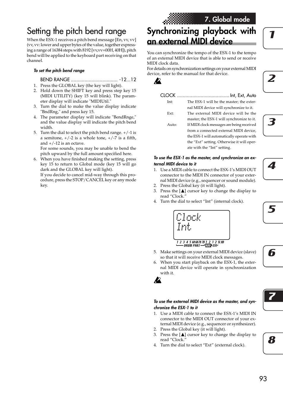 Setting the pitch bend range, To set the pitch bend range, Synchronizing playback with an | External midi device, To use the esx-1 as the master, and synchronize an, External midi device to it, To use the external midi device as the master, and, Synchronize the esx-1 to it, 93 7. global mode | KORG ESX-1 User Manual | Page 93 / 108