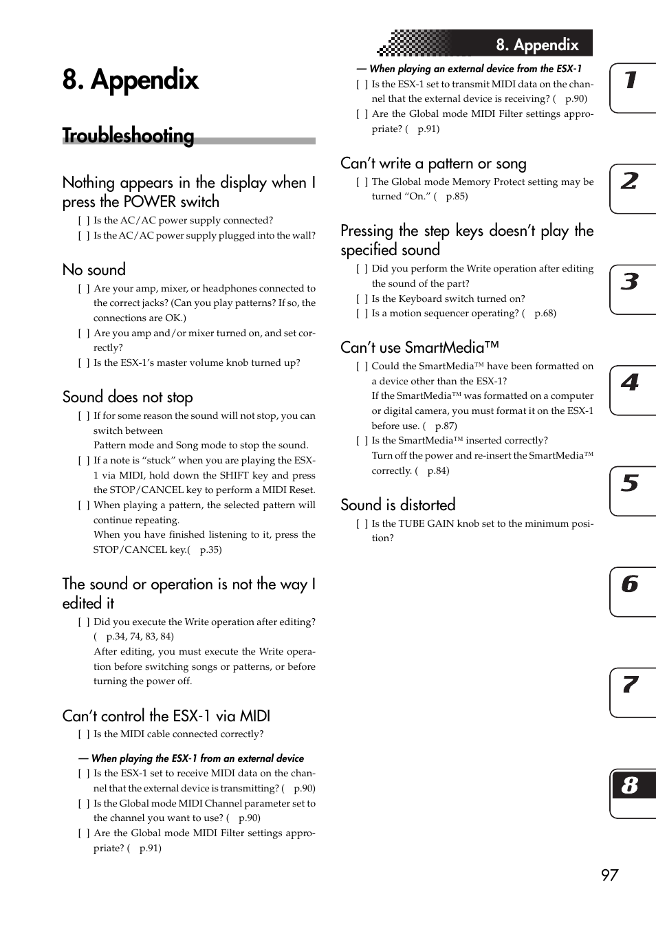 Appendix, Troubleshooting, 97 8. appendix | No sound, Sound does not stop, The sound or operation is not the way i edited it, Can’t control the esx-1 via midi, Can’t write a pattern or song, Can’t use smartmedia, Sound is distorted | KORG ESX-1 User Manual | Page 97 / 108