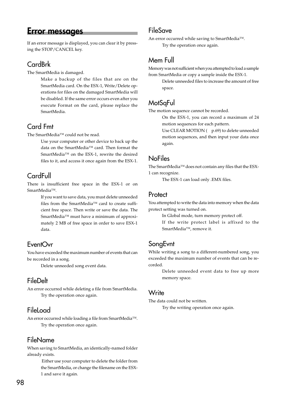 Error messages, Cardfull, Cardbrk | Card fmt, Eventovr, Filedelt, Fileload, Filename, Filesave, Mem full | KORG ESX-1 User Manual | Page 98 / 108