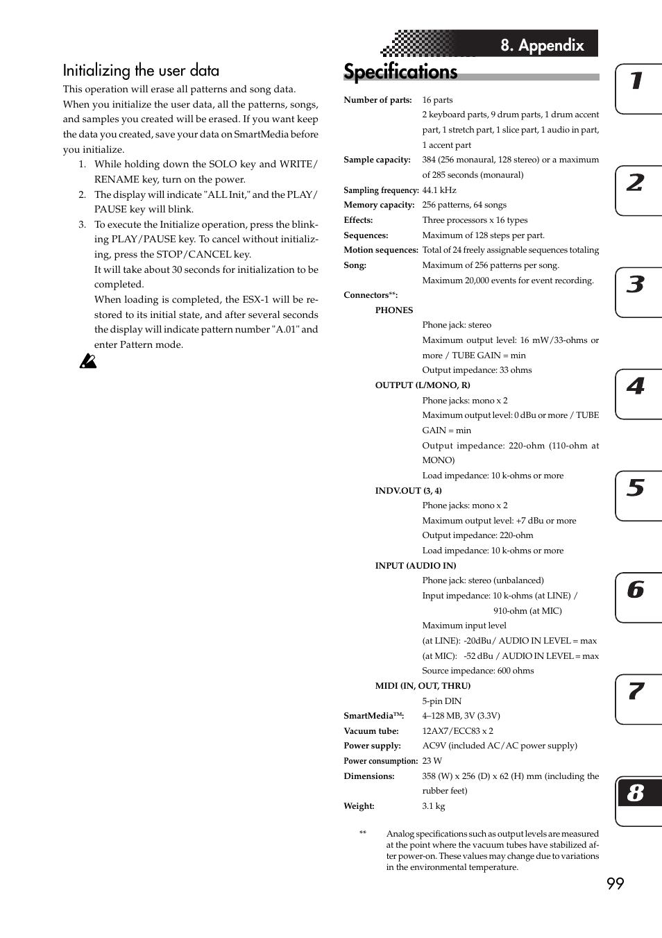 Specifications, Initializing the user data, 99 8. appendix initializing the user data | KORG ESX-1 User Manual | Page 99 / 108