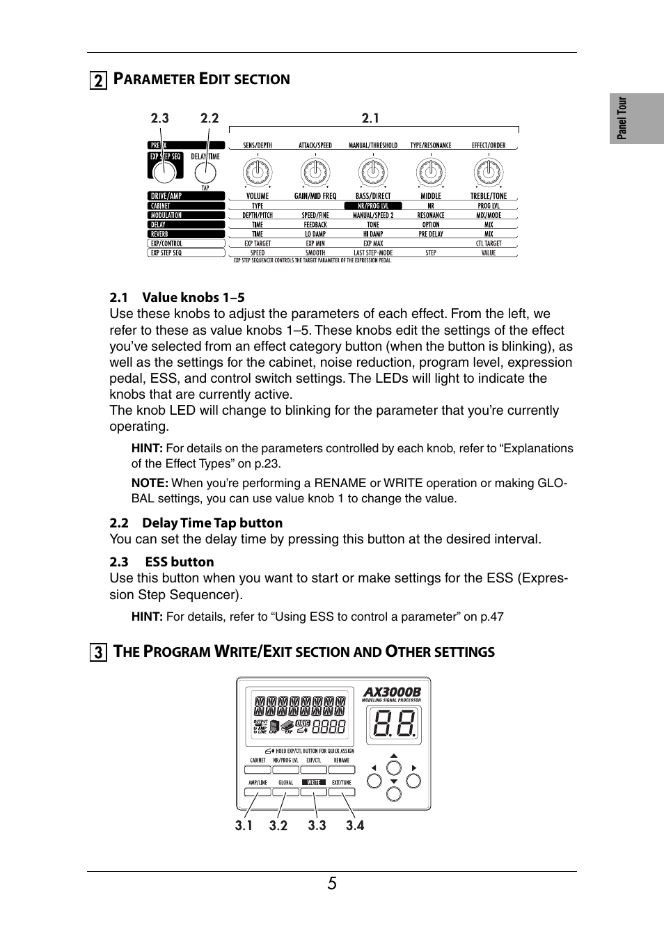 Parameter edit section, The program write/exit section and other settings | KORG Ax3000b User Manual | Page 11 / 68