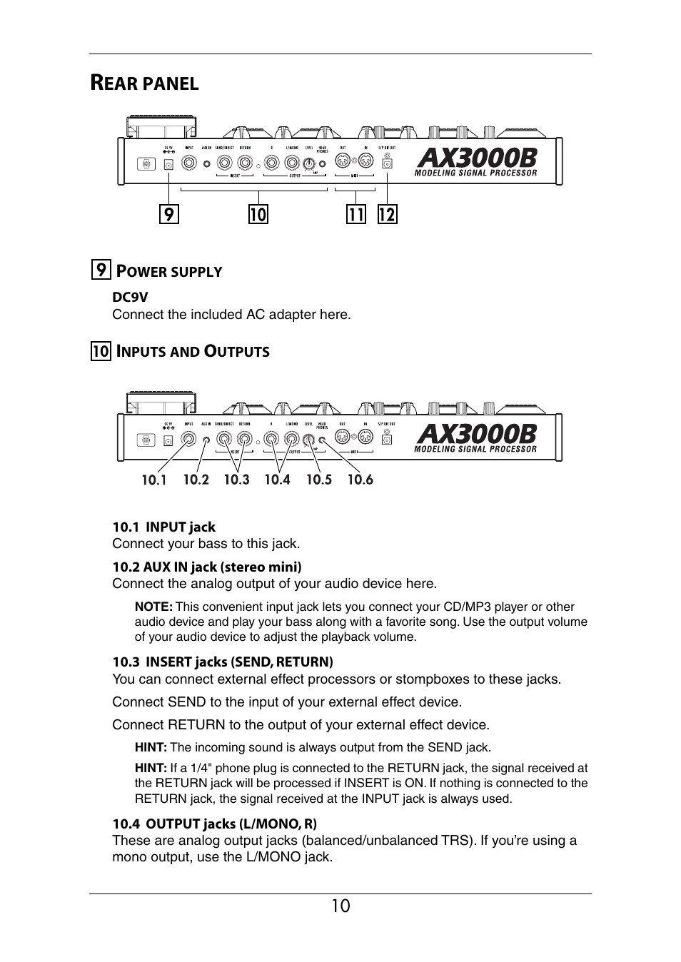 Rear panel, Power supply, Inputs and outputs | Power supply inputs and outputs, Panel | KORG Ax3000b User Manual | Page 16 / 68