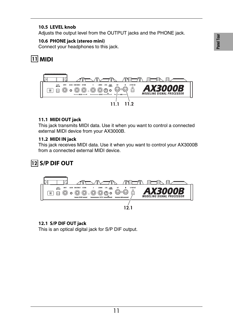 Midi, S/p dif out, Midi s/p dif out | KORG Ax3000b User Manual | Page 17 / 68