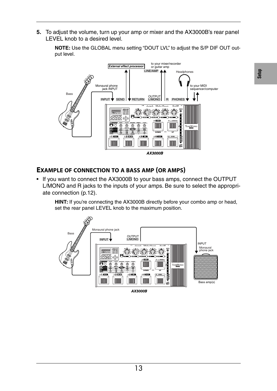 Example of connection to a bass amp (or amps), Xample, Connection | Bass, Amps | KORG Ax3000b User Manual | Page 19 / 68