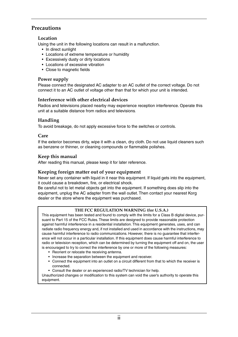 Precautions | KORG Ax3000b User Manual | Page 2 / 68