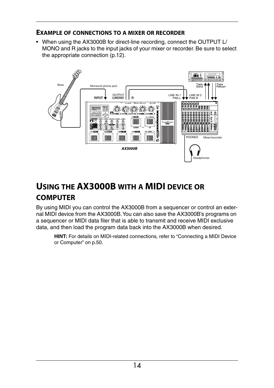 Example of connections to a mixer or recorder, Using the ax3000b with a midi device or computer, Ax3000b | Midi, Sing, With, Device, Computer, Xample, Connections | KORG Ax3000b User Manual | Page 20 / 68