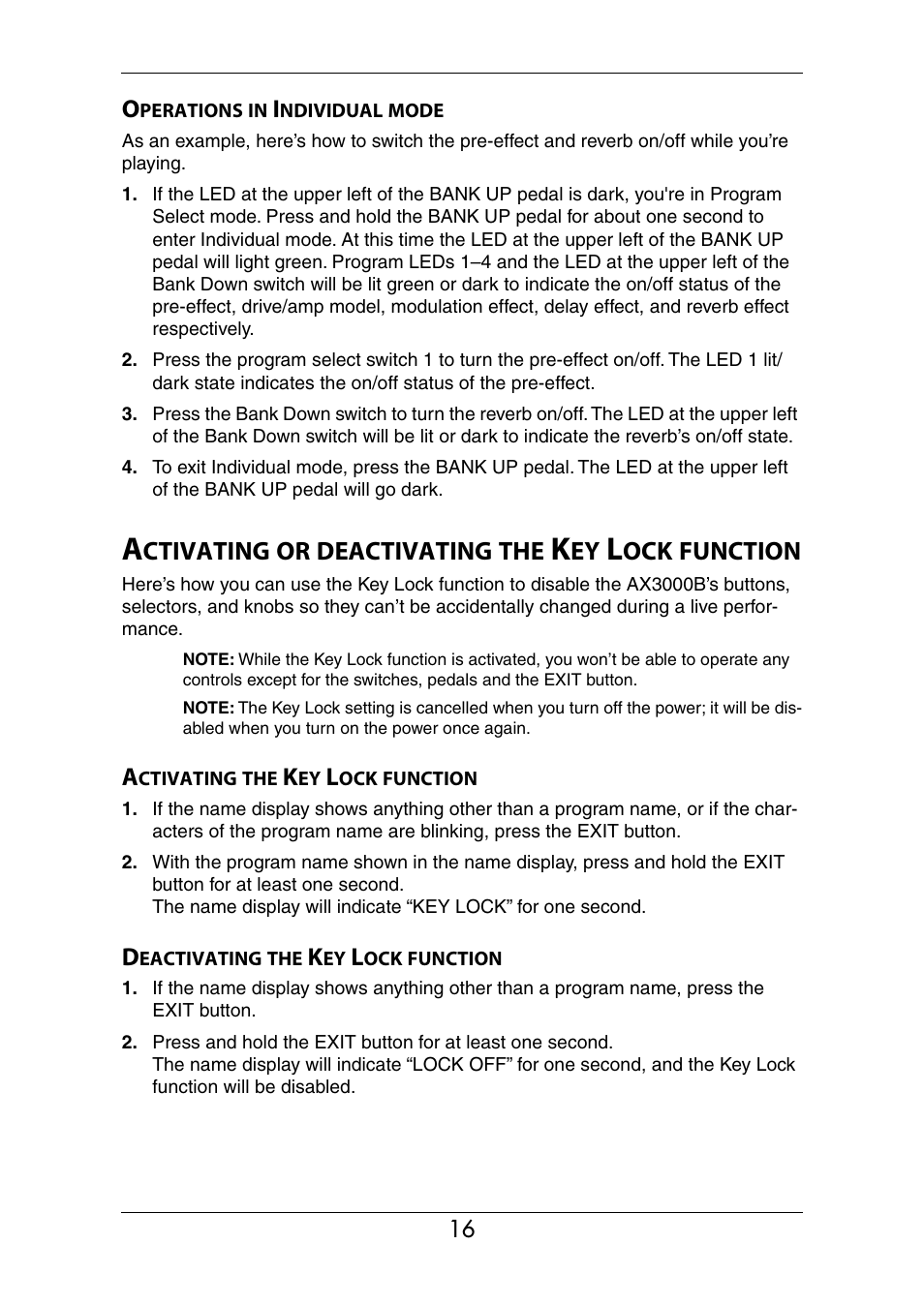 Operations in individual mode, Activating or deactivating the key lock function, Activating the key lock function | Deactivating the key lock function, And knobs (p.16, 21) | KORG Ax3000b User Manual | Page 22 / 68