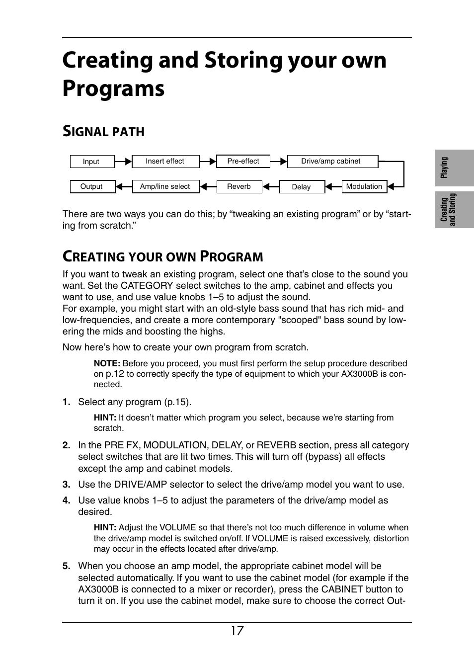 Creating and storing your own programs, Signal path, Creating your own program | Refer to “creating your own program” on p.17, Ignal, Path, Reating, Your, Rogram | KORG Ax3000b User Manual | Page 23 / 68