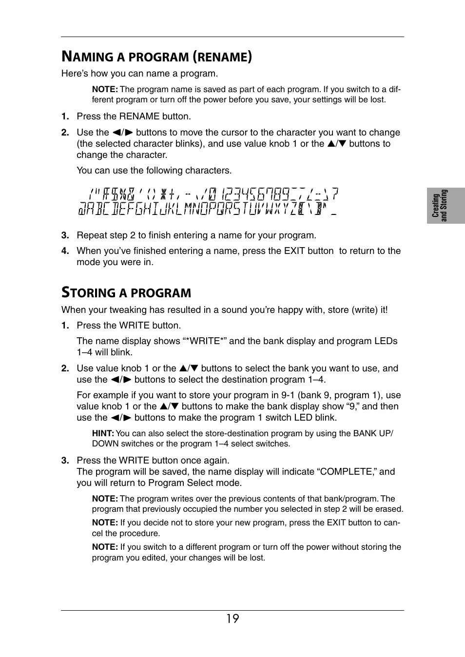 Naming a program (rename), Storing a program, Am name (p.19) | E created (p.19), Aming, Program, Rename, Toring | KORG Ax3000b User Manual | Page 25 / 68