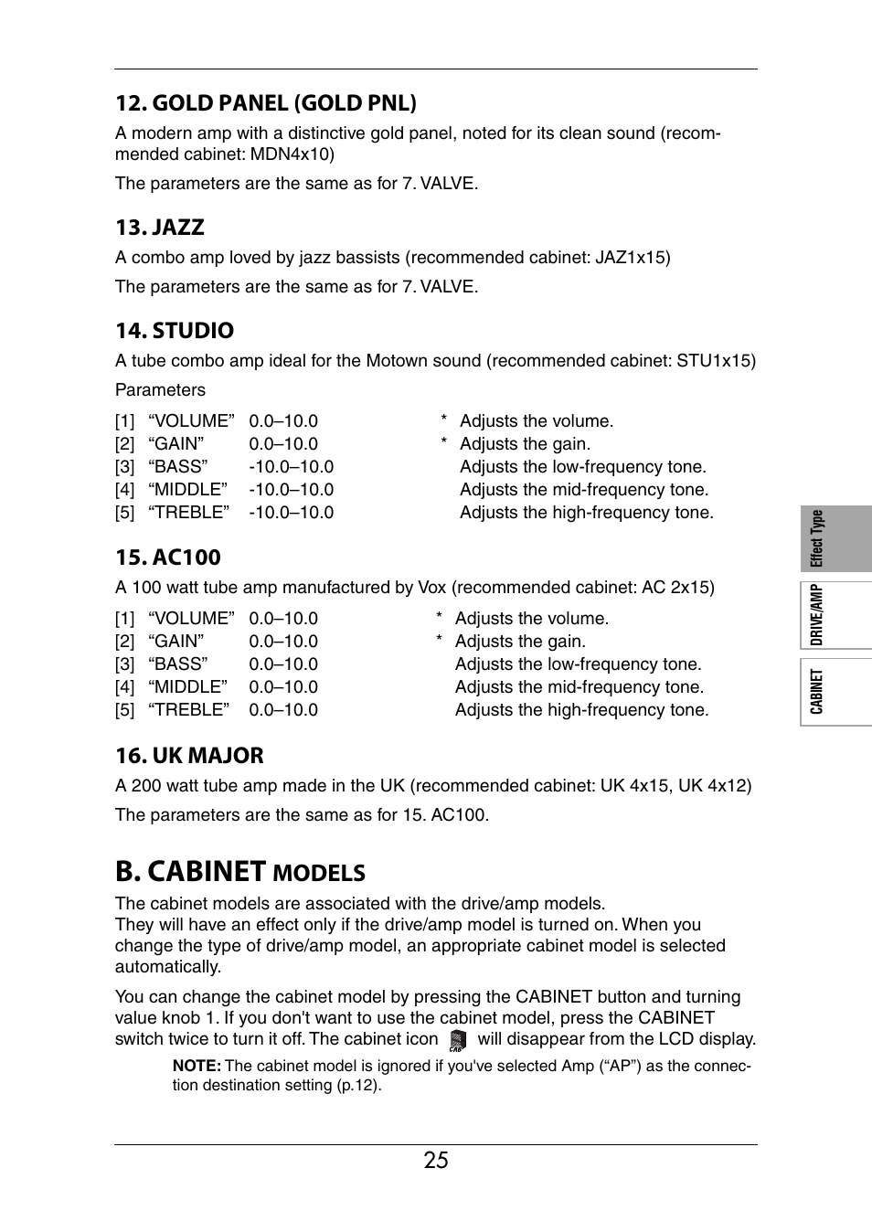 B. cabinet models, B. cabinet, Models | Gold panel (gold pnl), Jazz, Studio, Ac100, Uk major | KORG Ax3000b User Manual | Page 31 / 68