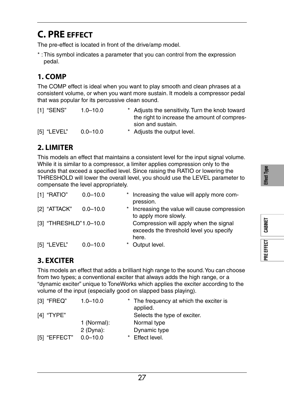 C. pre effect, C. pre, Effect | Comp, Limiter, Exciter | KORG Ax3000b User Manual | Page 33 / 68