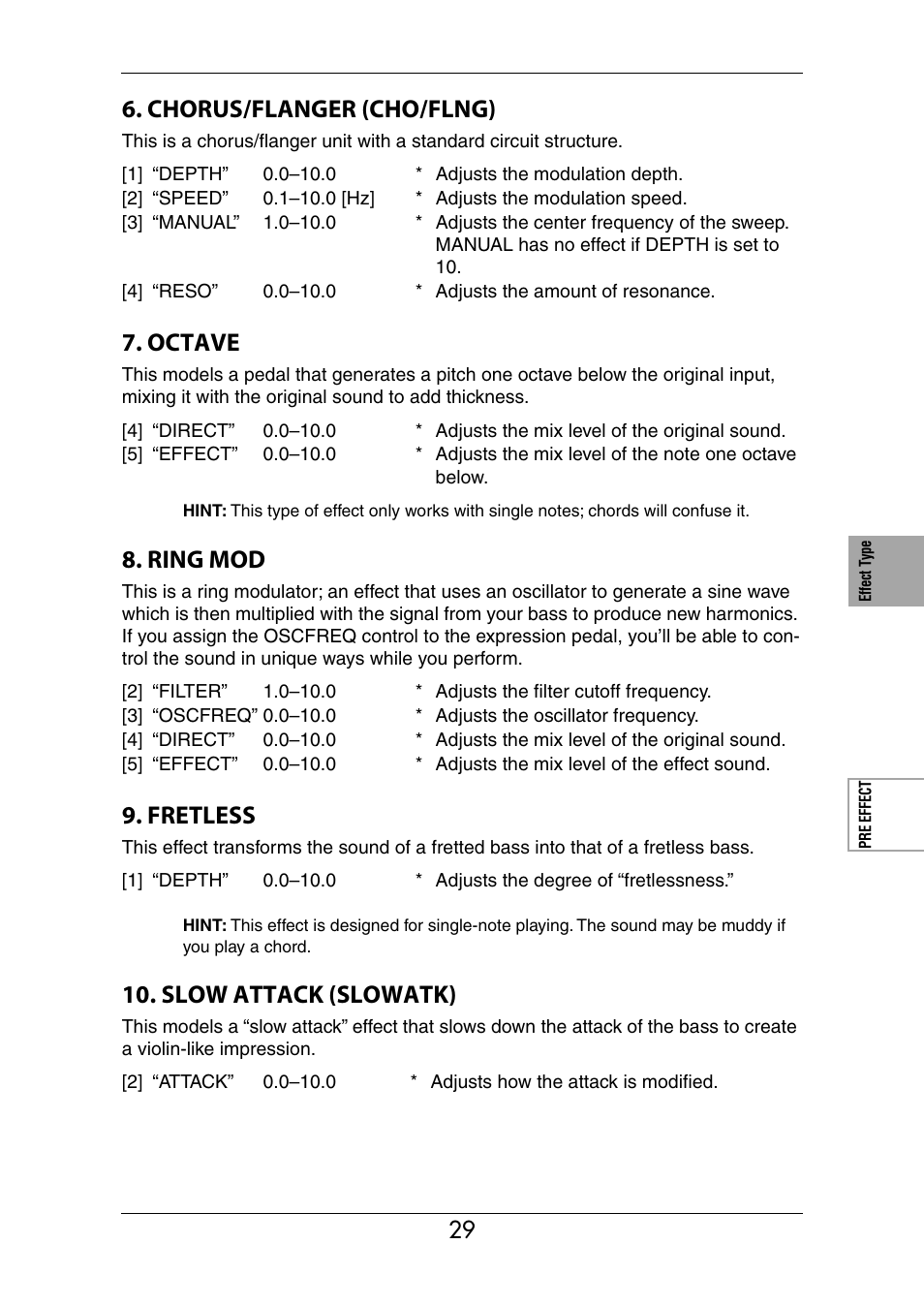 Chorus/flanger (cho/flng), Octave, Ring mod | Fretless, Slow attack (slowatk) | KORG Ax3000b User Manual | Page 35 / 68